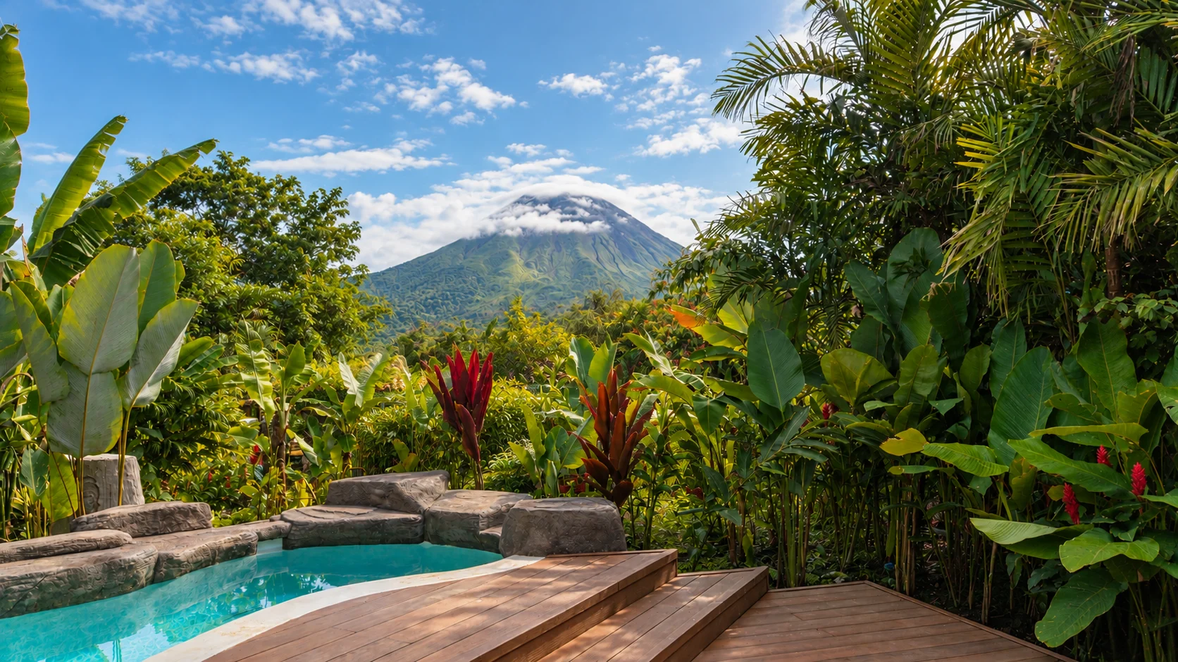 Pool overlooking Arenal Volcano and tropical gardens