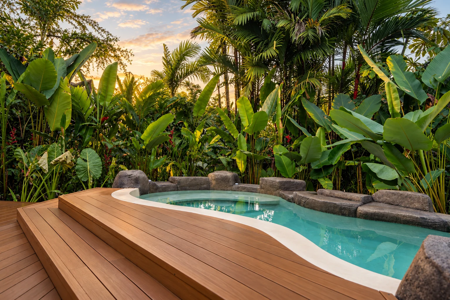 Piscina y deck de madera rodeados de jardines tropicales