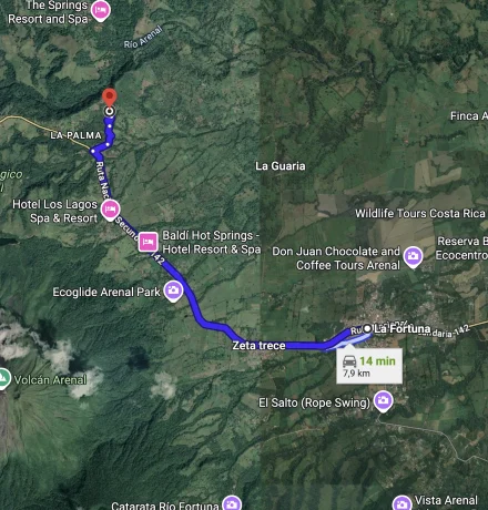 Illustrated driving route from From La Fortuna to Arenal Rainforest Resort.