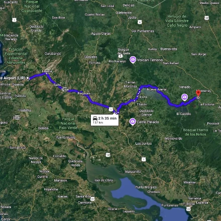 Illustrated driving route from From Liberia (LIR) Daniel Oduber Quirós International Airport to Arenal Rainforest Resort.