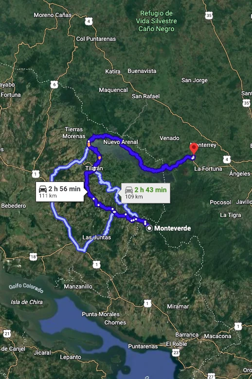 Satellite map showing the selected 111 km driving route from Monteverde to Mountain Paradise, now Arenal Rainforest Resort, via Routes 925/926 and 142.