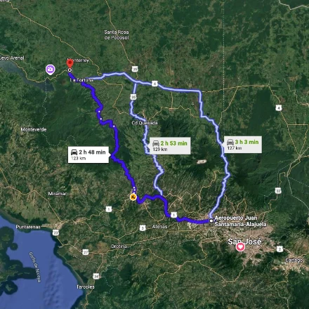 Illustrated driving route from From San Jose (SJO) Juan Santamaría International Airport to Arenal Rainforest Resort.