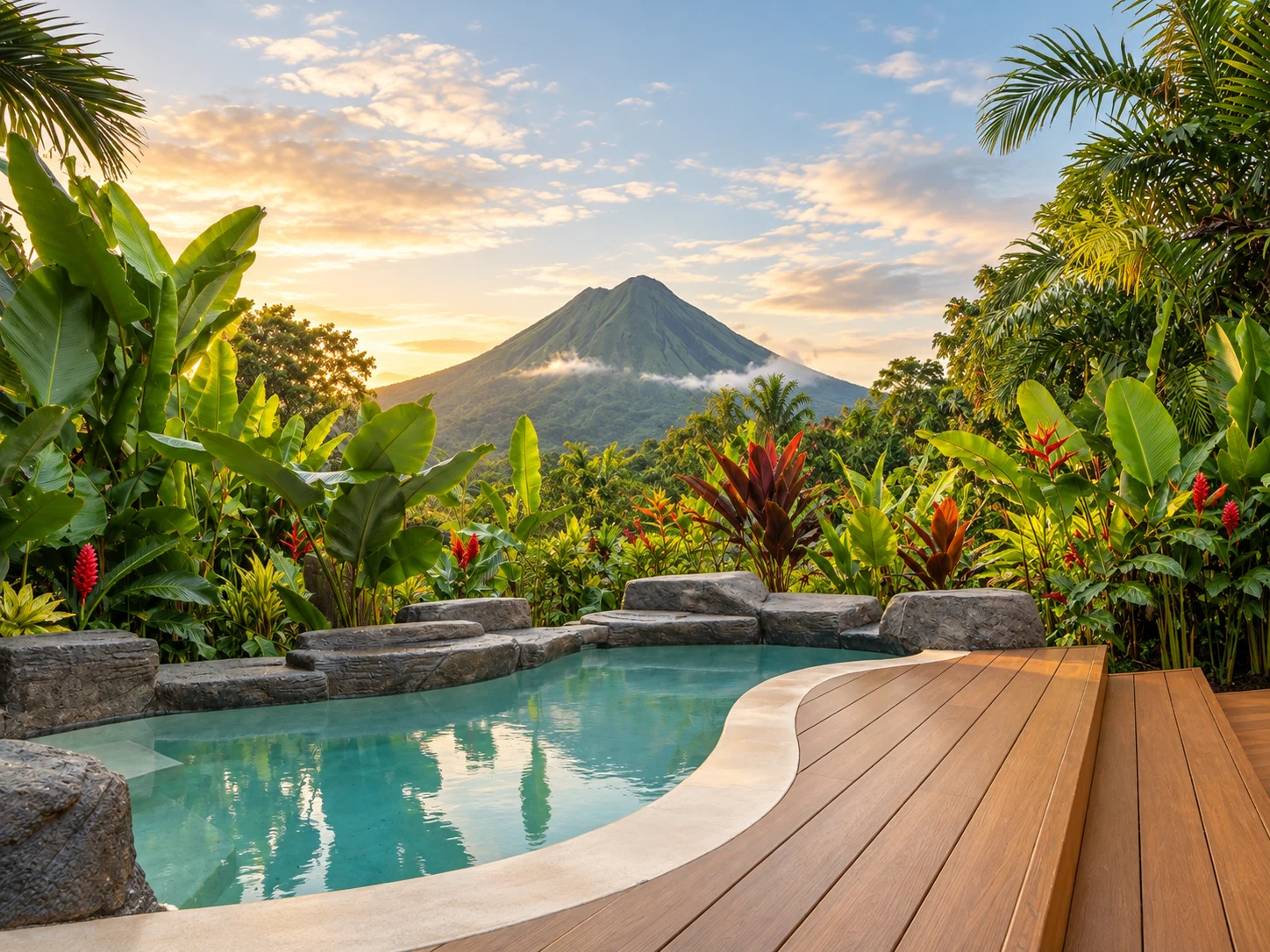 Volcán Arenal al fondo de una piscina y jardines tropicales